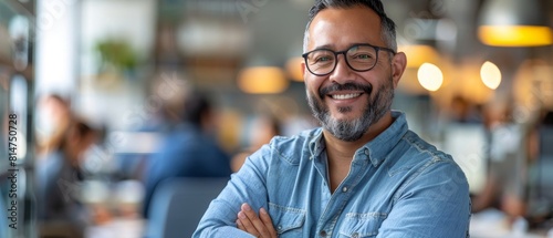 Portrait of a call center manager smiling as they oversee the office floor, ensuring a supportive and positive work environment photo