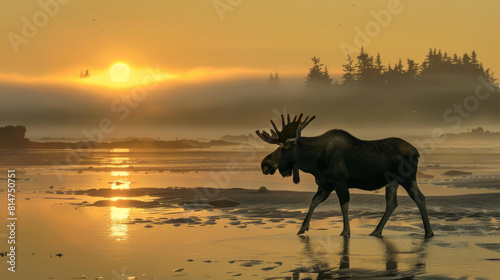 Majestic moose walking at sunset in the Pacific Northwest