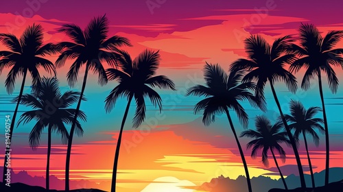 Beautiful sunset over the ocean with palm trees in the foreground. Palm trees and ocean under a colorful tropical sunset sky.