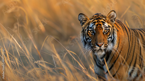 Majestic tiger in golden grass  gazing intently at the camera