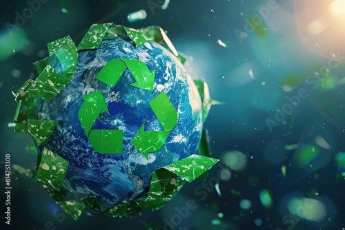 Planet earth with recycling symbol, concept of sustainability, recycling, sustainable living, bokeh background.