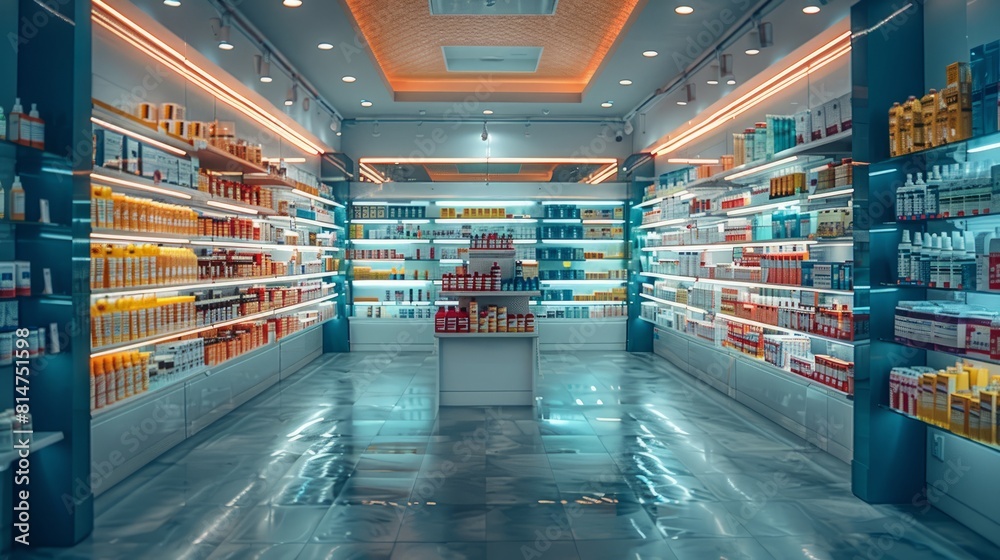 Well-organized pharmacy shelves captured in a photo with clear lighting.