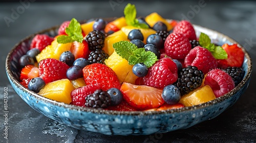 A symphony of colors and textures come together in a vibrant bowl of fresh fruit salad  each bite bursting with natural sweetness.