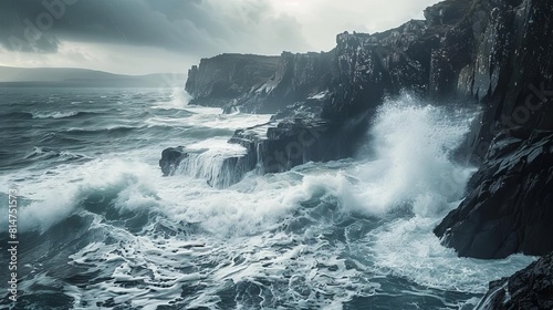 a stormy sea crashing against a rocky coast