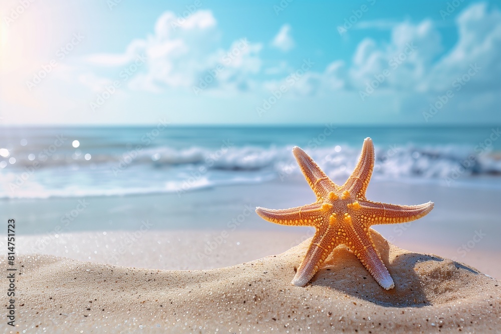 Starfish on summer sunny beach at ocean background. Travel, vacation concepts