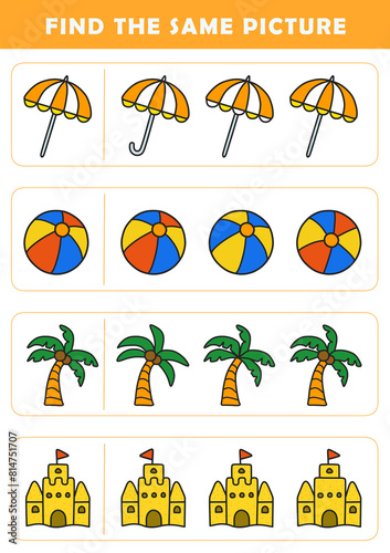 Find same picture worksheet for kids. Worksheet for kids kindergarten, preschool and school age. Education game for children with cute beach illustration.	 photo