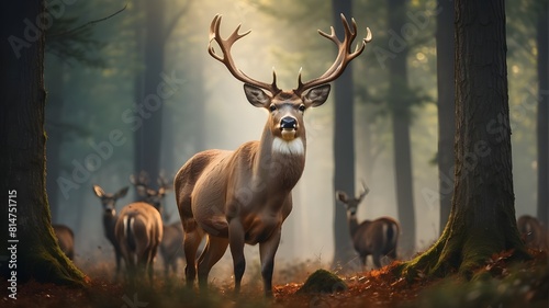 A majestic buck stands tall in a forest clearing, its antlers reaching towards the sky as it gazes confidently at a group of curious deer.