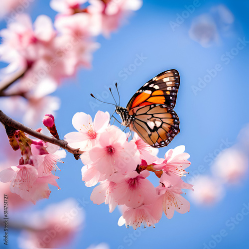 butterfly perched on the branch of a cherry blossom tree with delicate pink flowers in full bloom a generate ai