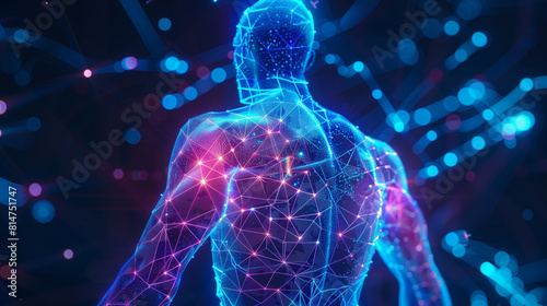 Vivid holographic representation of a human figure with a vibrant digital mesh overlay, symbolizing connectivity and data flow