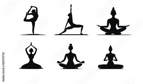 Yoga Poses Woman Silhouette, Set Isolated Over White Background. Meditation silhouette vector, Yoga silhouette padmasana, Meditation position, Yoga pose, Vector meditation, Silhouette yoga, Lotus pose