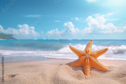 Starfish on summer sunny beach at ocean background. Travel  vacation concepts