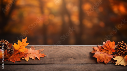 Autumn background with colored maple leaves and pine cones on the wooden background