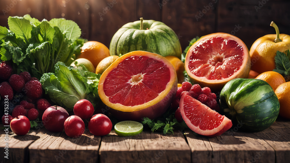 Fresh organic fruits and vegetables photography banner on wooden background Fresh organic fruits and vegetables photography banner on wooden background
