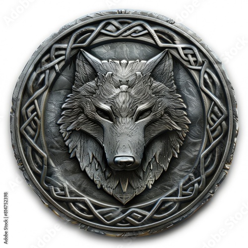 Silver round emblem with a wolf head, logo, fantasy.