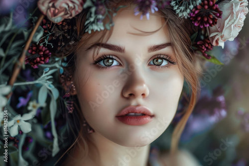 Young woman adorned with floral wreath in mystical garden
