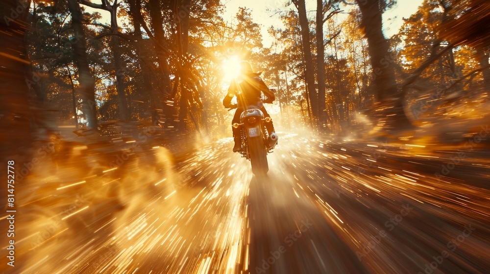 Rear view of a motorcyclist speeding through a wooded landscape. Rear view of a motorcyclist speeding through a wooded landscape.