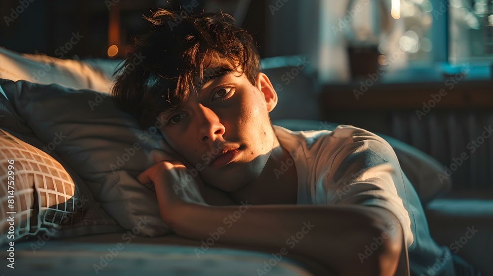 Young man lying in bed with a thoughtful expression during twilight hours.
