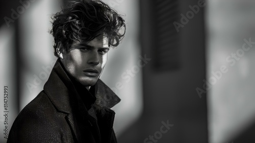 Thoughtful man in black coat pondering on city street in monochrome tone © Tamara