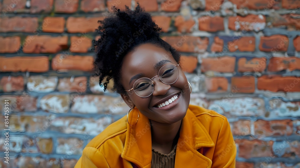 Joyful african-american woman smiling in front of brick wall wearing yellow jacket Joyful african-american woman smiling in front of brick wall wearing yellow jacket