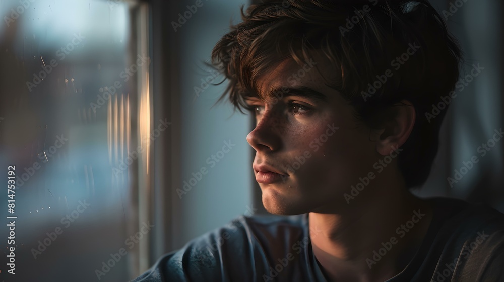 Contemplative young man looking out a window in soft indoor light Contemplative young man looking out a window in soft indoor light