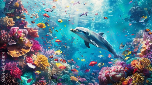 Underwater scene with a dolphin swimming over a coral reef. © Galib