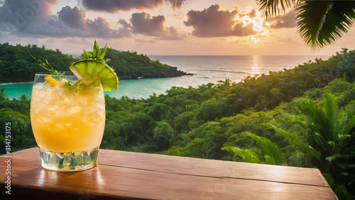 A glass of fresh tropical cocktail on wooden sunset view