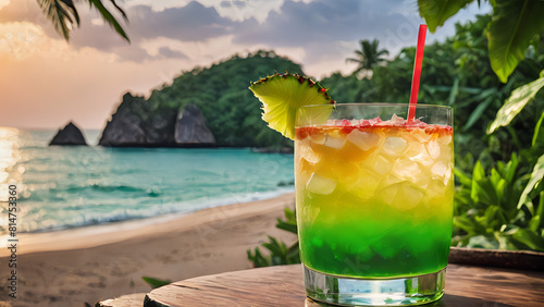A one glass of fresh tropical cocktail on wooden sunset view