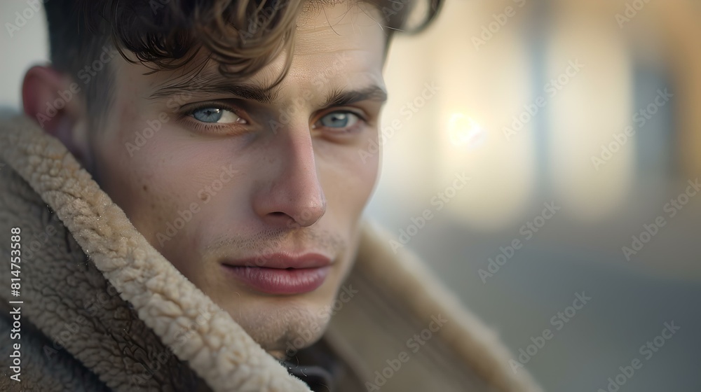 Pensive young man in coat contemplating outdoors with a hopeful gaze Pensive young man in coat contemplating outdoors with a hopeful gaze