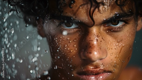 Intense gaze of a young man with water droplets on his face captured in close-up