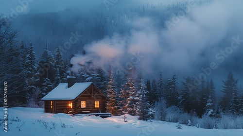 Cozy winter cabin in snowy forest twilight, warm light glow amidst cold scenery