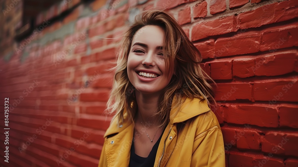 Cheerful young woman in yellow jacket smiling against red brick wall background