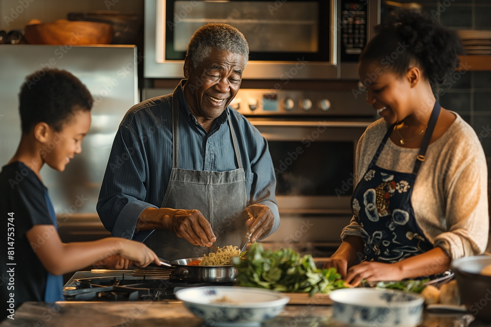  the aroma of spices and laughter fills the air as a parent joyfully cooks alongside their black children