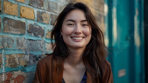 Friendly young woman smiling near a colorful brick wall on a sunny day