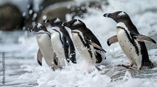 Group of african penguins walking by the sea shore, water splashing around photo