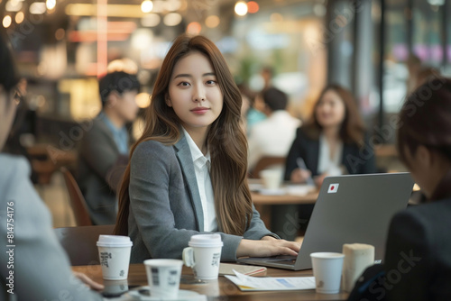 young Korean Youtuber Female dressed in business casual attire interviews a group of diverse professionals seated around a table in a modern and stylish cafe