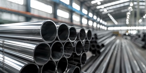 Galvanized steel and aluminum chrome stainless pipes stacked in warehouse for shipment. Concept Metal pipes, Warehouse logistics, Galvanized steel, Aluminum pipes, Stainless steel pipes © Ян Заболотний