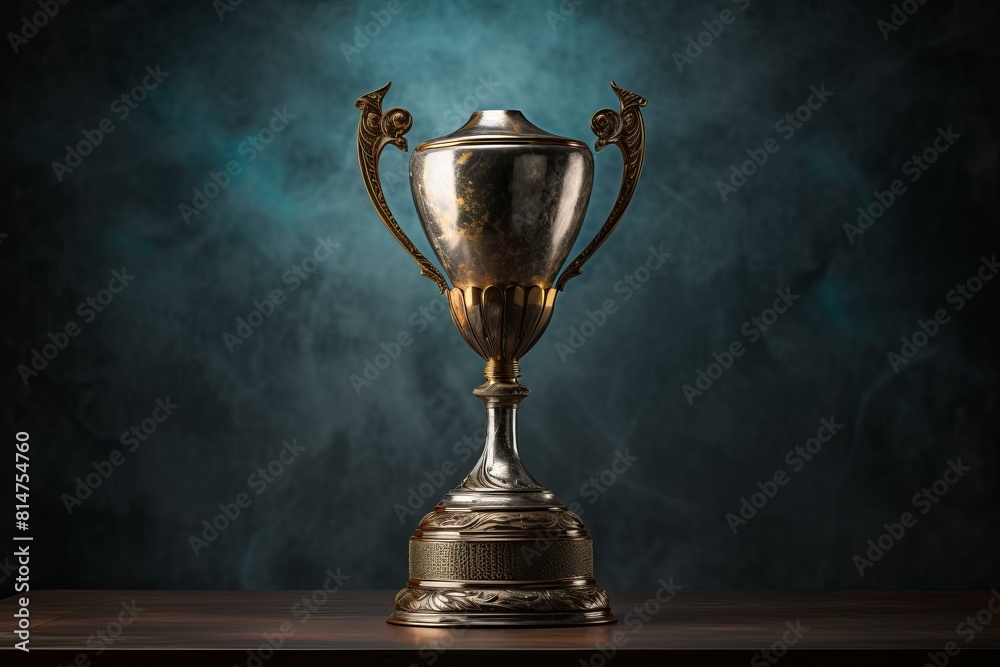 Elegant old trophy cup stands on a wooden surface with a dark, atmospheric backdrop Elegant old trophy cup stands on a wooden surface with a dark, atmospheric backdrop