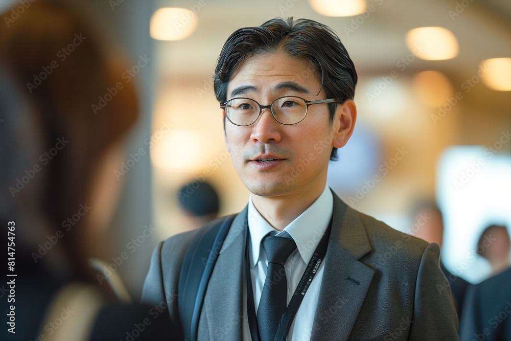 Japanese businessmen in sleek suits deeply engaged in conversation, exchanging ideas, and exploring new opportunities at the B2B Conference Japanese businessmen in sleek suits deeply engaged in conversation, exchanging ideas, and exploring new opportunities at the B2B Conference