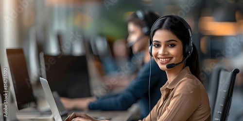 Indian call center agent using headset and laptop to assist clients. Concept Customer Support, Call Center Technology, Multitasking Skills, Remote Work, Communication Skills