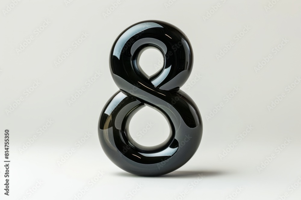 Elegant black glass number 8 sculpture on white background Elegant black glass number 8 sculpture on white background