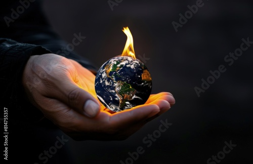 Hand holding burning Earth globe, concept of global warming and climate change. photo