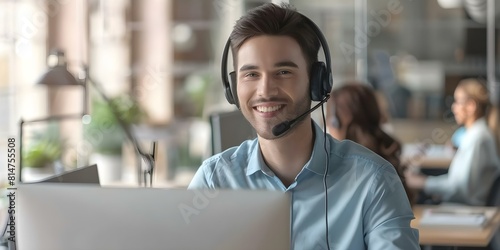 Professional online customer service provided by a smiling man in a headset at the office. Concept Online Customer Service, Professional Setting, Smiling Man, Headset, Office Environment photo