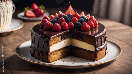 sweet pastry dessert chocolate cake with raspberry on top
