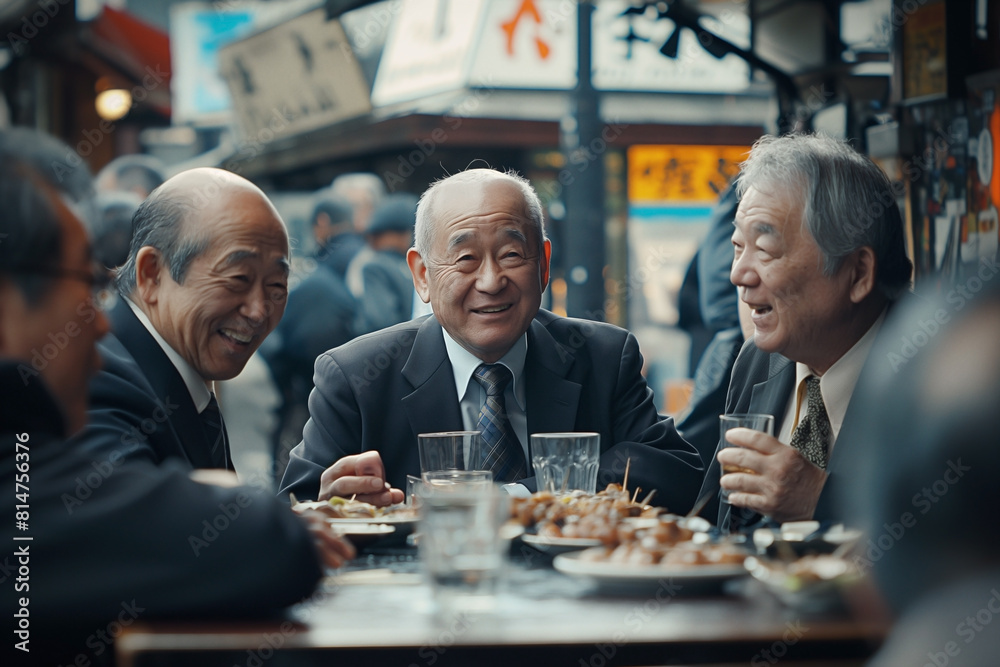 After a long day at the office, Japanese salarymen and businesswomen gather at an izakaya to unwind. Clad in suits, they share stories, laughter After a long day at the office, Japanese salarymen and businesswomen gather at an izakaya to unwind. Clad in suits, they share stories, laughter