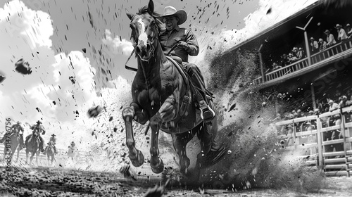 Create a storyboard for a comic book or graphic novel depicting the intense rodeo action, focusing on the riders struggle to stay on the rebellious horse and the reactions of the crowd 8K , high-resol