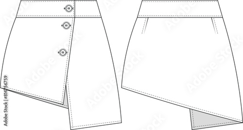 buttoned darted asymmetric hem mini short denim jean skirt template technical drawing flat sketch cad mockup fashion woman design style model

