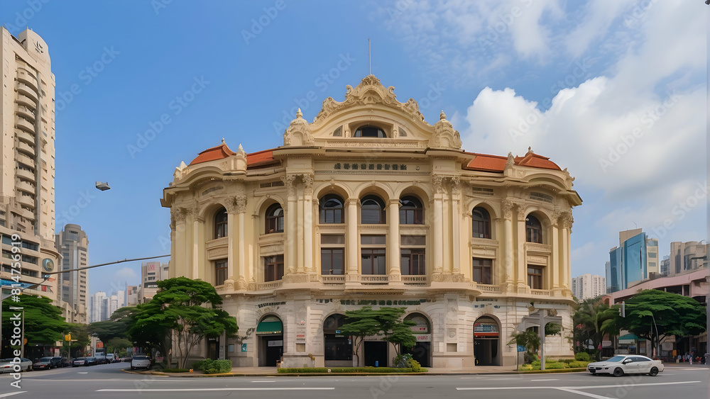 Fototapeta premium Historic corner building with red roof