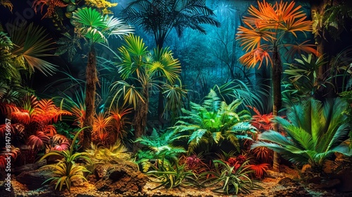 Lush tropical scene  palm trees  exotic wildlife  and vibrant flowers for a summer paradise