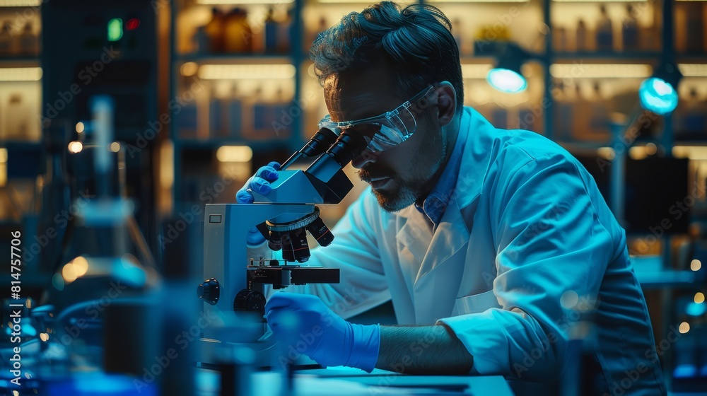 Scientist adjusts microscope with glowing blue tones in lab. Scientist adjusts microscope with glowing blue tones in lab.