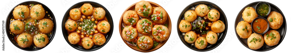 crispy round Panipuri in plate with mixture of potato, onion, chickpeas, tamarind water, garnished cilantro, and souce, isolated transparent PNG, Indian traditional local food top view crispy round Panipuri in plate with mixture of potato, onion, chickpeas, tamarind water, garnished cilantro, and souce, isolated transparent PNG, Indian traditional local food top view